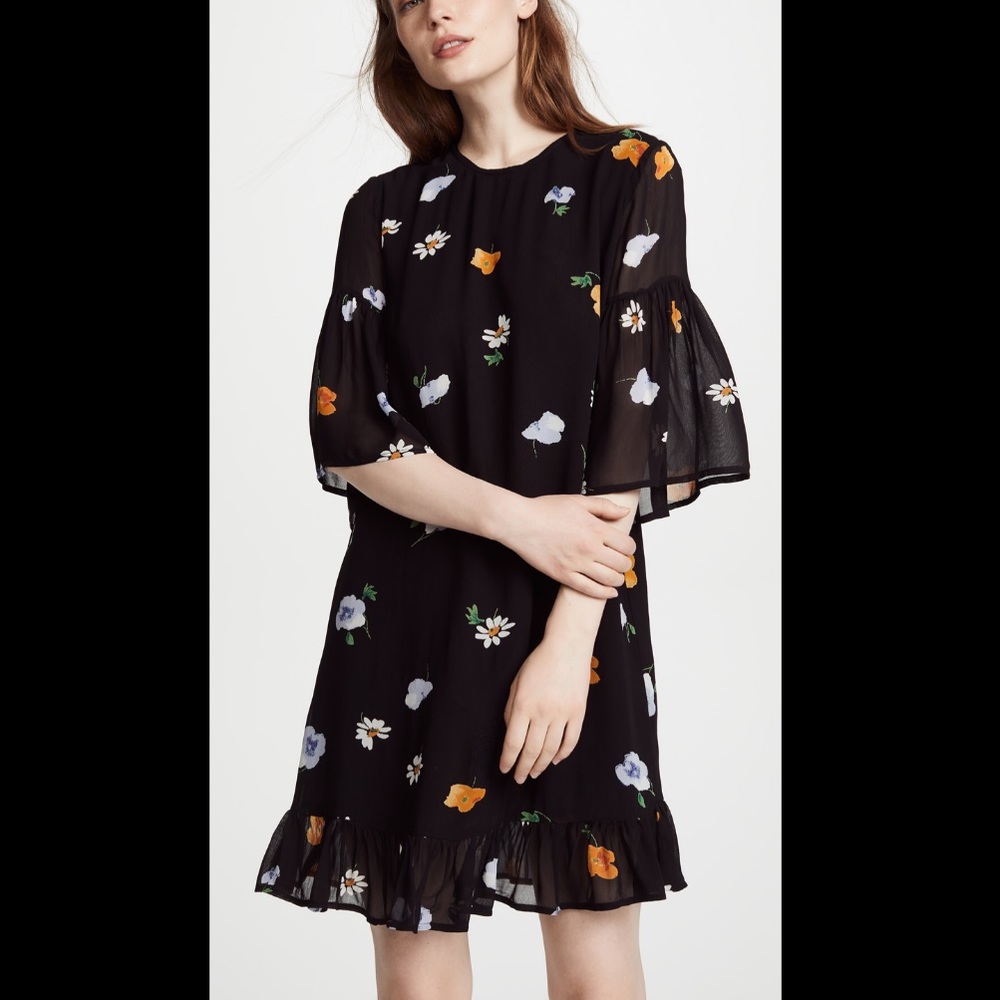 Ganni Dainty Georgette Floral Print Mini Shift Dress Black Size 38